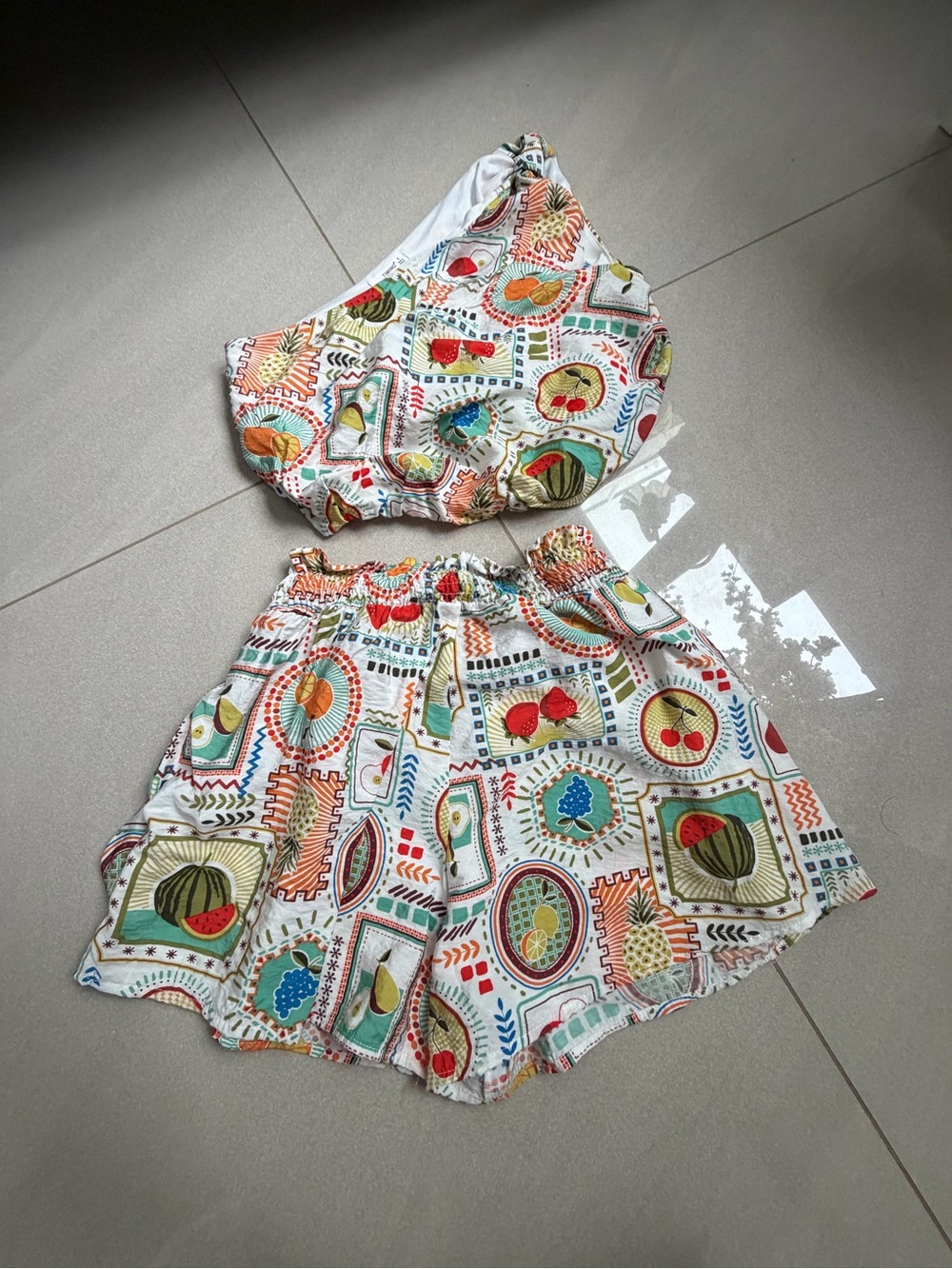 TIMING Tropical Fruit Print Two Piece Set Crop Top & Shorts S